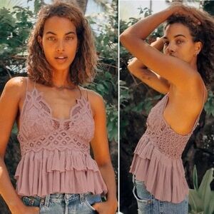 Free People • Adella Lace Peplum Cami – Mauve (Rosewood) – Size M